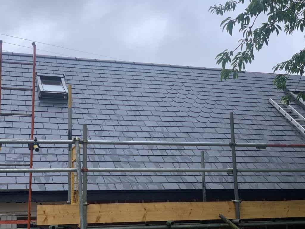 This is a photo of a new slate roof installation. This work was carried out by Stafford Roofing